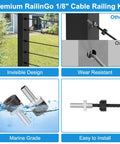 One Eighth Inch Cable Railing End Fittings Kit 316 Stainless Steel Anchor Terminals For Metal Posts Invisible Wire Railing Kit In Black 20 Pack, showcasing installation views and components labeled as marine grade and wear resistant.