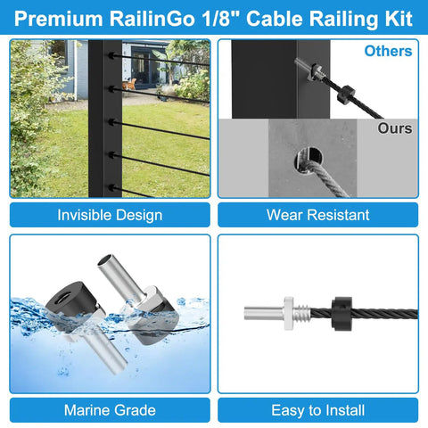 One Eighth Inch Cable Railing End Fittings Kit 316 Stainless Steel Anchor Terminals For Metal Posts Invisible Wire Railing Kit In Black 20 Pack, showcasing installation views and components labeled as marine grade and wear resistant.