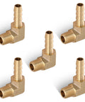5 Pack 1/4 Inch Barb To 1/8 Inch NPT Male 90 Degree Brass Hose Barb Fittings For Tight Seal And High Pressure Up To 300 PSI, Durable Brass Tubing Fittings For Hoses, Air Lines, And Fluid Plumbing Projects. Five brass elbow hose fittings on white background