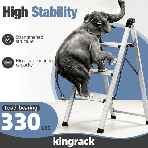 3 Step Aluminum Step Ladder Foldable For Home Use With Steel Frame Stable No Wobble Design Rust Resistant Coating 330 Lb Capacity Lightweight Yet Durable Perfect For Indoor Tasks And Quick Outdoor Fixes, 3-step aluminum ladder with steel frame and 330 lb capacity