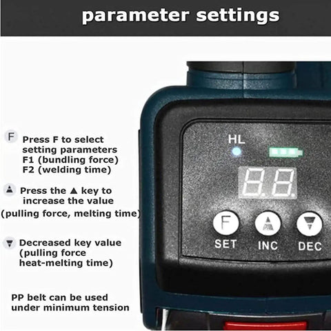Heavy Duty Battery Powered Electric Strapping Machine For 13 To 16Mm Pp Pet Melting Tape control panel displaying parameter settings and buttons.