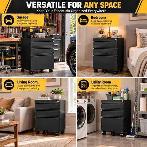 Rock Solid Heavy Duty Metal Rolling Tool Cabinet With Lockable Drawers And Non Slip Rolling Wheels in various home settings.