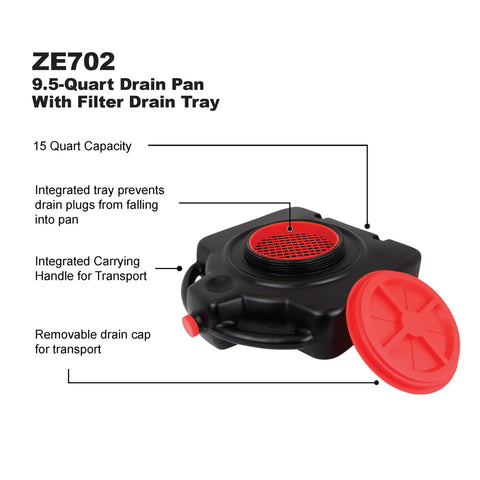 Lightweight 15 Quart Oil Change Pan With Filter Drain Screen Large 8 Inch Drain Opening And Easy Pour Spout For Quick Transport And Safe Waste Oil Recycling, black pan with red filter tray and cap