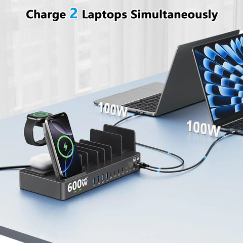 All In One 15 In 1 Wireless Charging Station With 600W Power Fast Charge Dock for multiple devices, charging laptops on desk