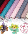 Rolls of Pro Grade Flower Wrapping Mesh Paper For Bouquets, Irregular Hollow Net Wrapper in assorted colors for floral arrangements.