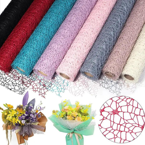 Rolls of Pro Grade Flower Wrapping Mesh Paper For Bouquets, Irregular Hollow Net Wrapper in assorted colors for floral arrangements.