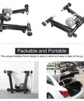 Indoor Bike Trainer Stand For Home Gym With Quiet Fluid Resistance Wheel Fits Road Bikes From 26 To 29 Inches And 700C Compatible, folded design shown in car trunk