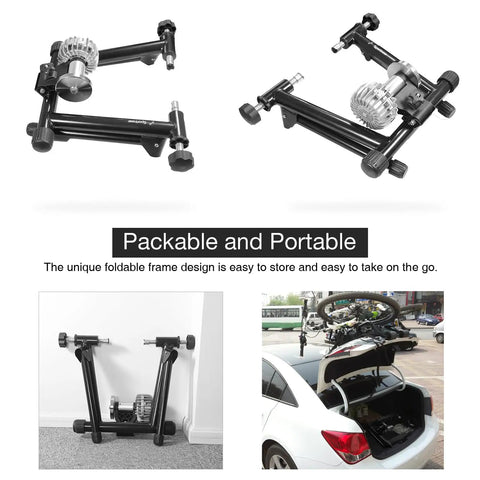 Indoor Bike Trainer Stand For Home Gym With Quiet Fluid Resistance Wheel Fits Road Bikes From 26 To 29 Inches And 700C Compatible, folded design shown in car trunk