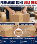Premium Heavy Duty Water Activated Packing Tape With Badass Hold Fiberglass Kraft Backing For Foolproof Carton Sealing And Hella Secure Shipping Or Moving Projects applied on a cardboard box.