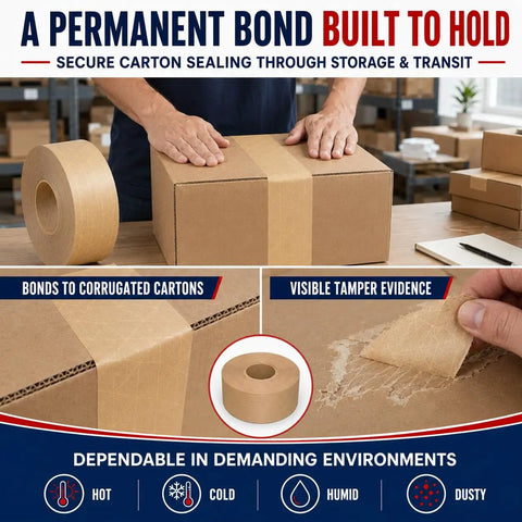 Premium Heavy Duty Water Activated Packing Tape With Badass Hold Fiberglass Kraft Backing For Foolproof Carton Sealing And Hella Secure Shipping Or Moving Projects applied on a cardboard box.
