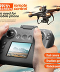 Beginner Friendly RC Drone With Screen Remote And Dual 720P Cameras in flight, showing remote screen and dual camera setup, brushless motors