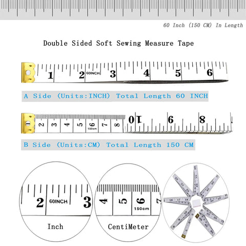 Dual Pack 60 Inch Soft Measuring Tape Set For Body Measurements, Fabric Sewing And Tailoring, double sided display