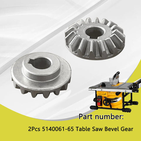 2 Pcs 5140061-65 Table Saw Bevel Gear Replacement Kit with two bevel gears and yellow table saw illustration