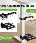 Under Desk PC Mount With Slick No Nonsense Clamp For Standing Workspaces that shows adjustable width and capacity for CPU rack.