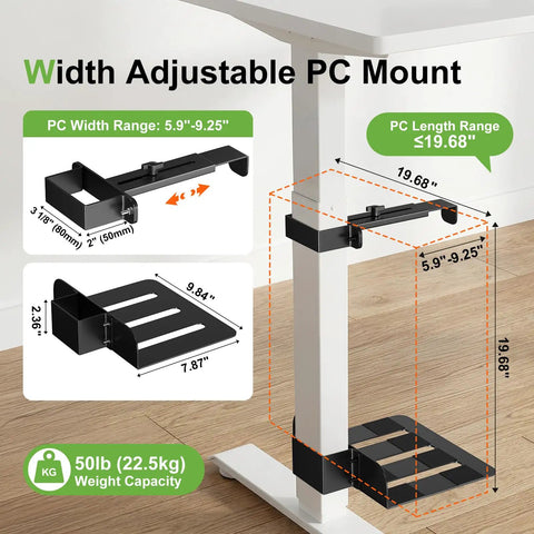 Under Desk PC Mount With Slick No Nonsense Clamp For Standing Workspaces that shows adjustable width and capacity for CPU rack.