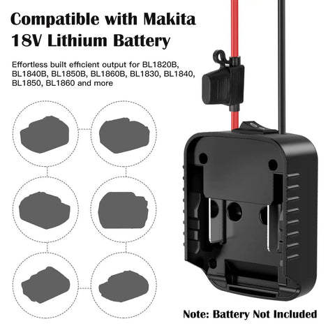 Two Pack Battery Adapters Compatible With Makita 18V Batteries shown with fuse and wire details