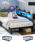Super Solid Corner Twin XL Bed Frame With Built In Storage Bookcase And Plush Tufted Upholstered Headboard For Kids Room with laptop and decorative pillows.