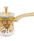 Turkish Greek Arabic Stovetop Coffee Pot With Milk Warmer 550 ML Capacity White With Gold Flower Pattern Retro Arab Turkish Design Even Heat Quick Brew Wooden Handle Perfect For Coffee Chocolate And Milk