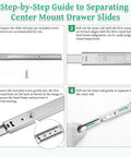 Step-by-step guide images for Two Pack 22 Inch Drawer Slides Center Mount Heavy Duty Cabinet Rails assembly instructions.