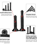 Top Shelf Phillips Flat Head Self Drilling Screws Featuring A Smooth Countersink Head And Tough Black Zinc Plated Carbon Steel Frame For Rapid Sheet Metal And Wood Fastening Size 10 By 1 Half Inch Packaged In A Sturdy 35 Piece Supply Kit - showing smooth surface and complete thread.