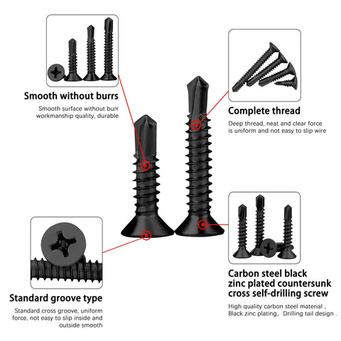 Top Shelf Phillips Flat Head Self Drilling Screws Featuring A Smooth Countersink Head And Tough Black Zinc Plated Carbon Steel Frame For Rapid Sheet Metal And Wood Fastening Size 10 By 1 Half Inch Packaged In A Sturdy 35 Piece Supply Kit - showing smooth surface and complete thread.