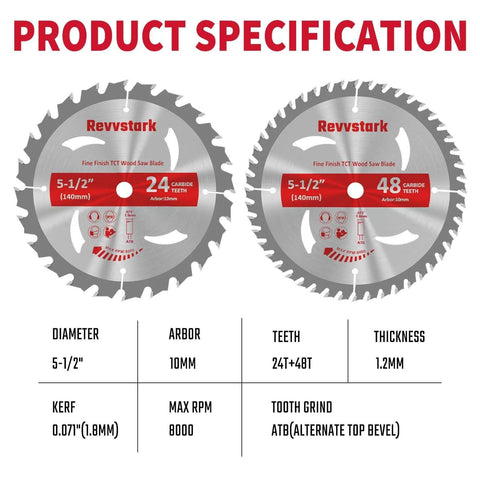 Revvstark 5-1/2 in circular saw blades, 10 mm arbor; 24T & 48T carbide teeth (two blades shown)
