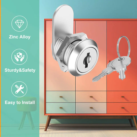 Six Pack Cabinet Locks With Keys, Five Eighth Inch Cam Lock Keyed Alike in zinc alloy, shown with cabinet background