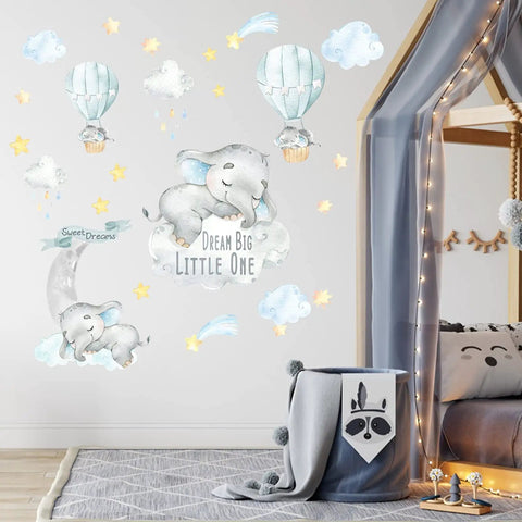 Blue Watercolor Elephant Wall Decals For Kids Room With Moon And Stars Hot Air Balloon Theme Sticker Set Sweet Dream Big Little One