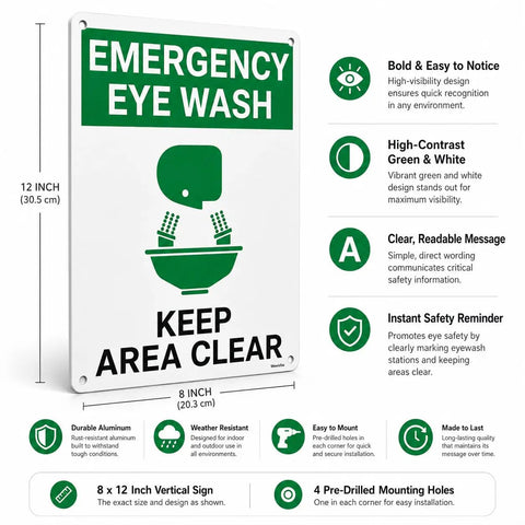 Emergency Eye Wash Sign Keep Area Clear 8x12 Inches Green and White Safety Sign With Pre Drilled Holes For Easy Mount