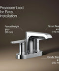 Two-Handle Hint Centerset Bathroom Sink Faucet in Polished Chrome, 1.2 GPM Flow, side view showing handle and spout measurements.