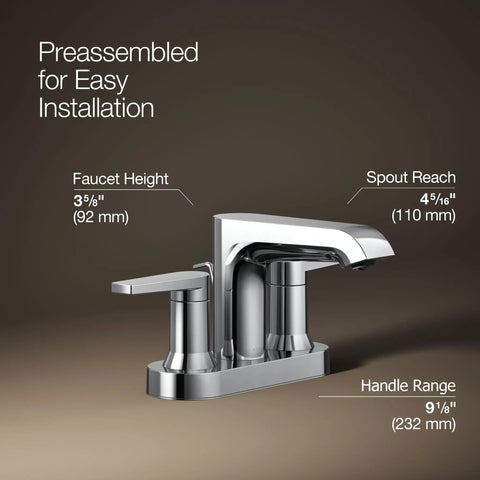Two-Handle Hint Centerset Bathroom Sink Faucet in Polished Chrome, 1.2 GPM Flow, side view showing handle and spout measurements.