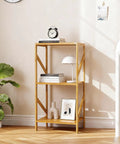 Rustic Bamboo 3 Tier Bookshelf Narrow Storage Rack for living room, featuring books, decor items, and a plant on wooden floor.