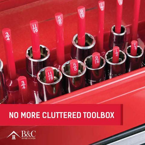 Six Piece Socket Organizer Set For 1/4 3/8 And 1/2 Inch Drives SAE And Metric Tray Holders in red showing socket sizes