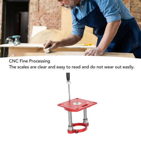 65mm Aluminum Router Table Lifting System With Adjustable Router Lift And CNC Fine Processing Insert Plate With Ring Clamp For Woodworking, Workshop Ready DIY Projects, And Pro Grade Precision. CNC router lift with red aluminum plate and ring clamp