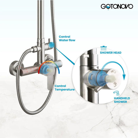 Outdoor Shower Faucet Set In Brushed Nickel, 304 Stainless Steel Shower Head With 2-In-1 Cylinder Handheld Spray, dual control feature
