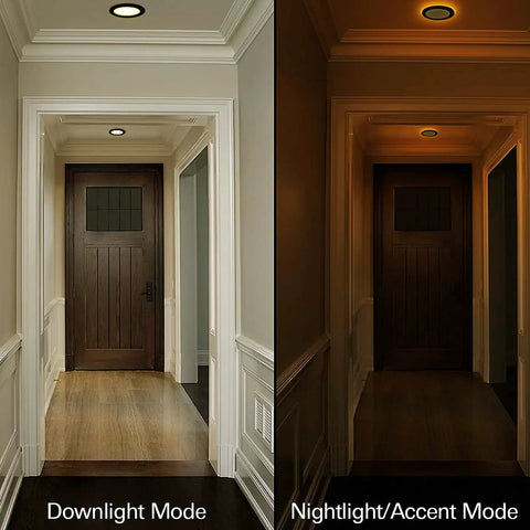 12 Pack 6 Inch LED Recessed Ceiling Lights With Night Light, Orb Can-Killer Design shown in downlight and nightlight mode