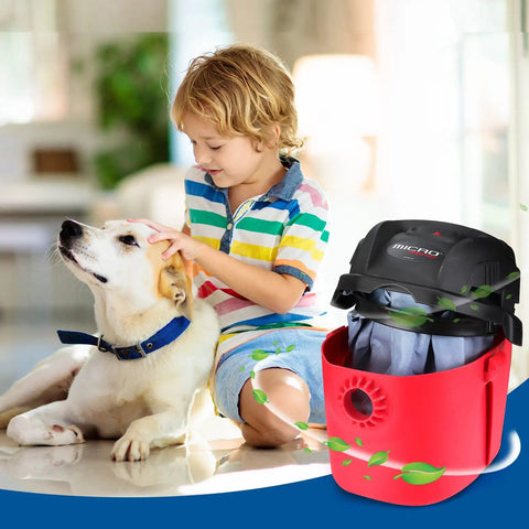 Child with a dog next to a wet/dry vacuum featuring 6 Pack Reusable Paper Disc Vacuum Filter For Most Wet Dry Vacuums 5 Gallon And Up