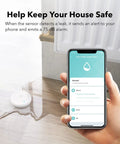 Smart Water Leak Detector 2 Pack With WiFi Alerts And 75 DB Alarm placed on floor near leak with smartphone app open