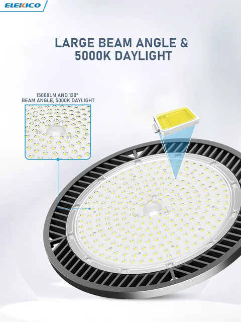 Six Pack 350W Led UFO High Bay Lights 52500LM 5000K Beast Bright For Garage Workshop Warehouse Barn Gym US Plug With 5 Foot Cable Easy Install Durable Housing Energy Efficient Design Ideal For Garage Workshop Factory Barn Gym Warehouse Lighting showing large beam angle and 5000K daylight