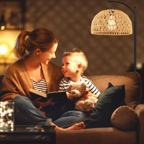 Rattan Floor Lamp With Remote For Living Room And Bedroom Boho Chic Dimmable Standing Lamp With Wicker Handcrafted Bamboo Shade Black Industrial Modern Tall Lamp For Farmhouse Rustic Style