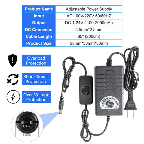 Front view of 24V DC reciprocating linear actuator with adjustable stroke and power adapter