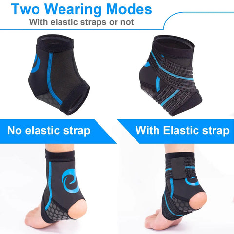 AquaFlex Pro Ankle Brace Compression Sleeve for water sports, showing two wearing modes with and without elastic strap.