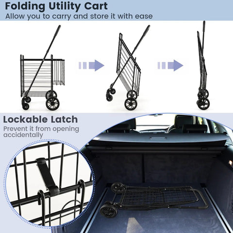 Foldable Grocery Hauling Cart With Dual Basket And 360 Degree Wheels in folded position inside a car trunk