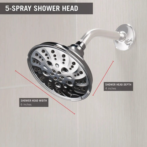 H2Okinetic 5 Setting Raincan Shower Head With Massage Full Body Spray Chrome Finish, 6-inch width, 4-inch depth shown on wall