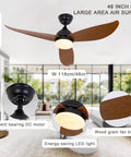Modern Dimmable Led Ceiling Fan With Remote And App Control Smooth Dc Motor Six Speeds Adjustable Color Temperature Timer Reversible Blades For Bedroom Or Living Room Easy Peasy Install Smooth Operator Chill Vibes Top Tier Silent, showing 46-inch ceiling fan with wood grain blades and energy-saving LED light.