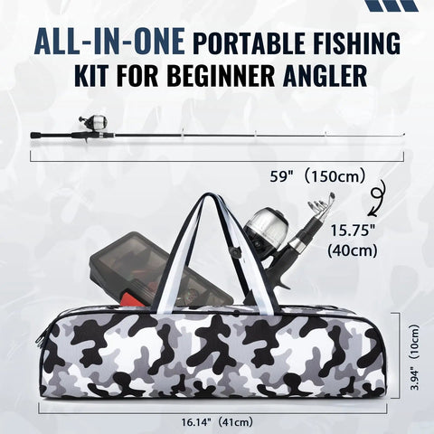 Kid Friendly Fishing Pole Set For Beginners Telescopic Rod And Spincast Reel Combo with tackle bag layout