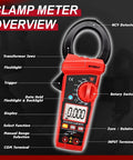 Front view of 6000 Count Digital Clamp Meter With True RMS for AC and DC voltage, showing controls and display features.