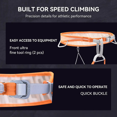 Close-up of Go-To Ultralight Mountaineering Harness For Rock Climbing And Skiing, showing tool rings and quick buckle.