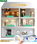 zouzai 2 Inch Gimbal LED Recessed Lights, 5CCT, 5W 550LM, White 4 Pack in various settings displaying adjustable color temperatures.