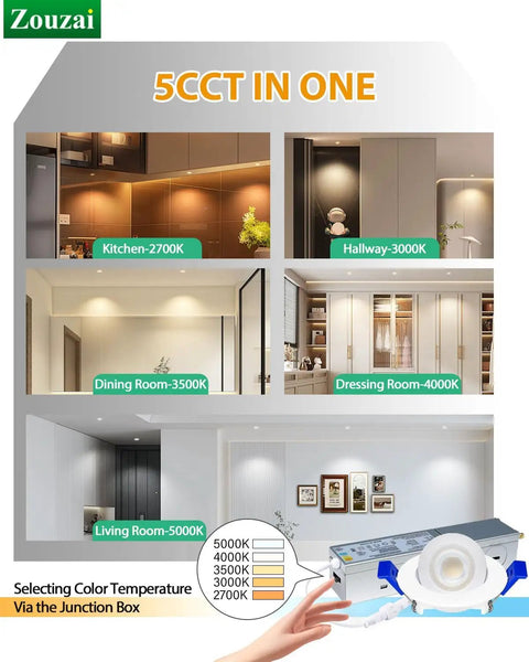 zouzai 2 Inch Gimbal LED Recessed Lights, 5CCT, 5W 550LM, White 4 Pack in various settings displaying adjustable color temperatures.